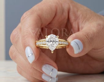 Pear Lab Diamond Split Shank Cathedral-Set Engagement Ring 14k Gold Teardrop Diamond Ring Personalized Art Deco Style Anniversary Gift