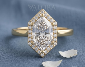 Dutch Marquise Hexagon Halo Engagement Ring in 14k Gold Personalized Moissanite Art Deco Ring Vintage Bridal Jewelry Anniversary Gift