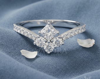 Chevron 10k Solid White Gold Princess Cut Cluster Ring, Asymmetric Multi Stone Wedding Band, Personalized Anniversary Gift Bridal Jewelry