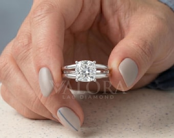 10k White Gold Cushion Cut Lab Diamond Split Shank Ring, Personalized Handmade Promise Ring Bespoke Minimalist Wedding Piece