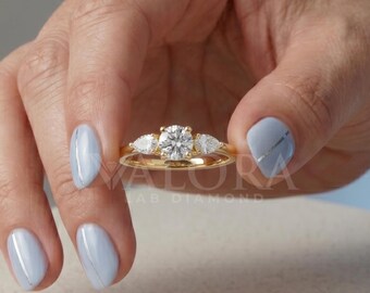 Three Stone Round Cut Diamond Bridal Band Pear Side Stone Anniversary Ring  14k Yellow Gold Delicate Promise Ring For Her Anniversary Gift