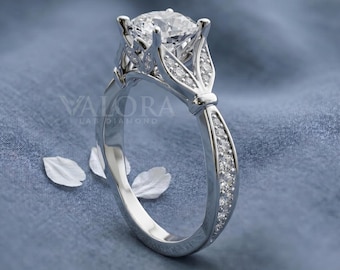 Nature Inspired Cushion Cut Floral Lab Grown Diamond Custom Promise Ring,  Vintage Leaf Setting 10k Solid Gold Engagement Ring Wedding Ring