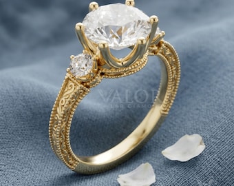 Art Deco Round Diamond Filigree Three Stone Ring, Ornate Crown Setting Engagement Ring, 10k Gold Anniversary Band, Wedding Ring For Women