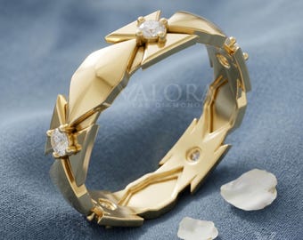 Architectural Wide Wedding Band, Round Cut Lab Diamond Star Setting 10k Gold Promise Ring, Non Traditional Bridal Art Deco Style Jewelry