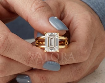 2CT Emerald Cut Solitaire Split Shank Ring Minimalist Lab Diamond Promise Ring 10K Yellow Gold Architectural Bridal Jewelry Anniversary Gift