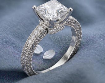 Antique Style Princess Cut Filigree Engagement Ring, Milgrain-Bordered Shank With Pave Diamonds Bridal Set Gift 925 Silver Jewelry