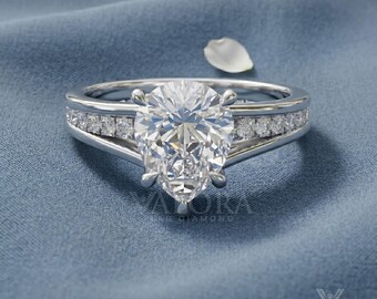 Custom Pear Lab Grown Diamond Engagement Ring, Tapered Channel Band For Women, 10k White Gold Cathedral Setting Unique Bridal Jewelry