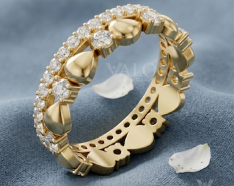 Sculptural Teardrop Eternity Ring, 10k Solid Gold Alternating Round Cut Diamond Band, Bespoke Bridal Jewelry Anniversary Gift for Wife