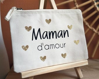 Trousse personnalisée Maman d'Amour | Cadeau maman personnalisé | Pochette coton bio avec cœurs | Cadeau fête des mères | Trousse maquillage
