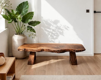 Live Edge Wood Bench Handmade Rustic Entryway Bench Solid Walnut Seating Minimalist Modern Furniture