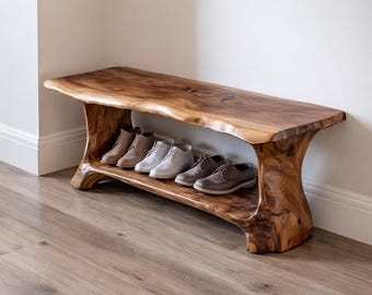 Banco rústico de madera con borde natural para zapatos, ideal para la entrada, con estante de almacenamiento y fabricado a mano en madera maciza.