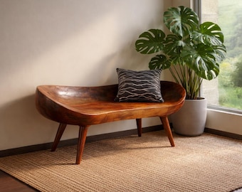 Banco moderno de madeira maciça, feito à mão, para hall de entrada, estilo meados do século XX, minimalista, com almofada.