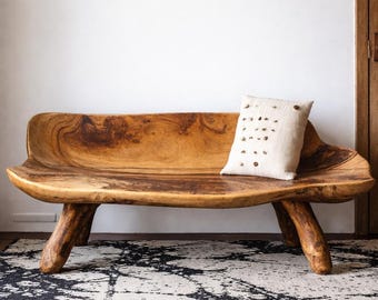 Banco rústico de madeira maciça com borda natural, assento artesanal orgânico, banco para hall de entrada, móveis modernos de estilo campestre, sofá-banco de madeira natural.