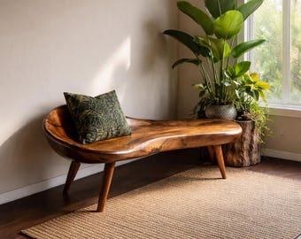 Banco de madera maciza hecho a mano, banco moderno para recibidor, asientos de estilo de mediados de siglo, muebles rústicos minimalistas.