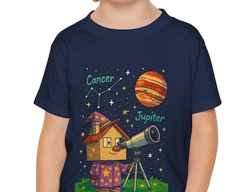 Camiseta infantil del signo zodiacal Cáncer / Camiseta de astronomía del planeta Júpiter para niños / Camiseta con telescopio de la casa del mago / Regalo espacial para niños y niñas