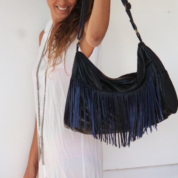 Oversize Blue Leather Bag. fringed leather bag, OOAK, on SALE, sexy blue shoulder bag, big leather bag