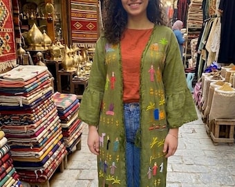 Seltene handgemachte Strickjacke, Leinen bestickter Kaftan, Akhmim Stickerei, ägyptische Volkskunst