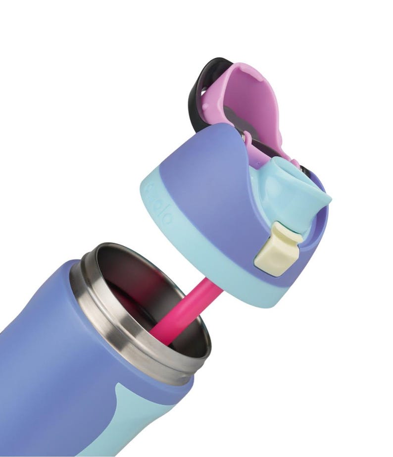May include: A purple and light blue water bottle with a detached lid featuring a pink straw. The lid has a light blue base, a purple top section, a pink interior, and a cream-colored latch. The bottle has a metallic rim and a smooth finish.