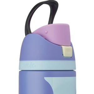 May include: A purple water bottle with a light blue band and a black carrying loop. The top features a light purple spout cover and a small cream-colored release button. The word Cirkul is embossed on the light blue band near the top section.