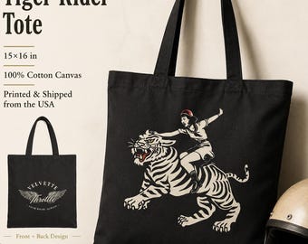 Bolso tote Tiger Rider, bolso de lona para mujer con estampado de moto, bolso reutilizable para chica motera, bolso de algodón para libros, regalo motero para ella, bolso tote negro, 38 x 41 cm.