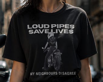 Camiseta "Los tubos de escape ruidosos salvan vidas", camiseta de moto para mujer, camiseta divertida para moteras, regalo para moteras, camiseta con estampado Cafe Racer, regalo para moteras.