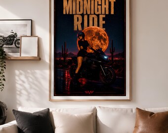 Póster de moto Midnight Ride, arte de pared digital descargable, lámina vintage de moto, decoración para garaje de motociclistas, regalo para mujeres motociclistas.