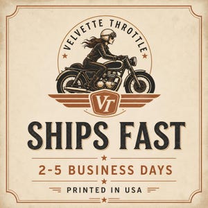 May include: A graphic illustration featuring a person riding a motorcycle inside a circular frame with the text VELVETTE THROTTLE. Below the motorcycle is a shield with the letters VT and wings. The text SHIPS FAST appears in large black letters.