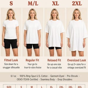 May include: Comfort Colors 1717 garment-dyed heavyweight t-shirt in white. The graphic displays four sizes on a model, showing fitted, regular, relaxed, and oversized looks. Includes a sizing chart with width and length measurements in inches.
