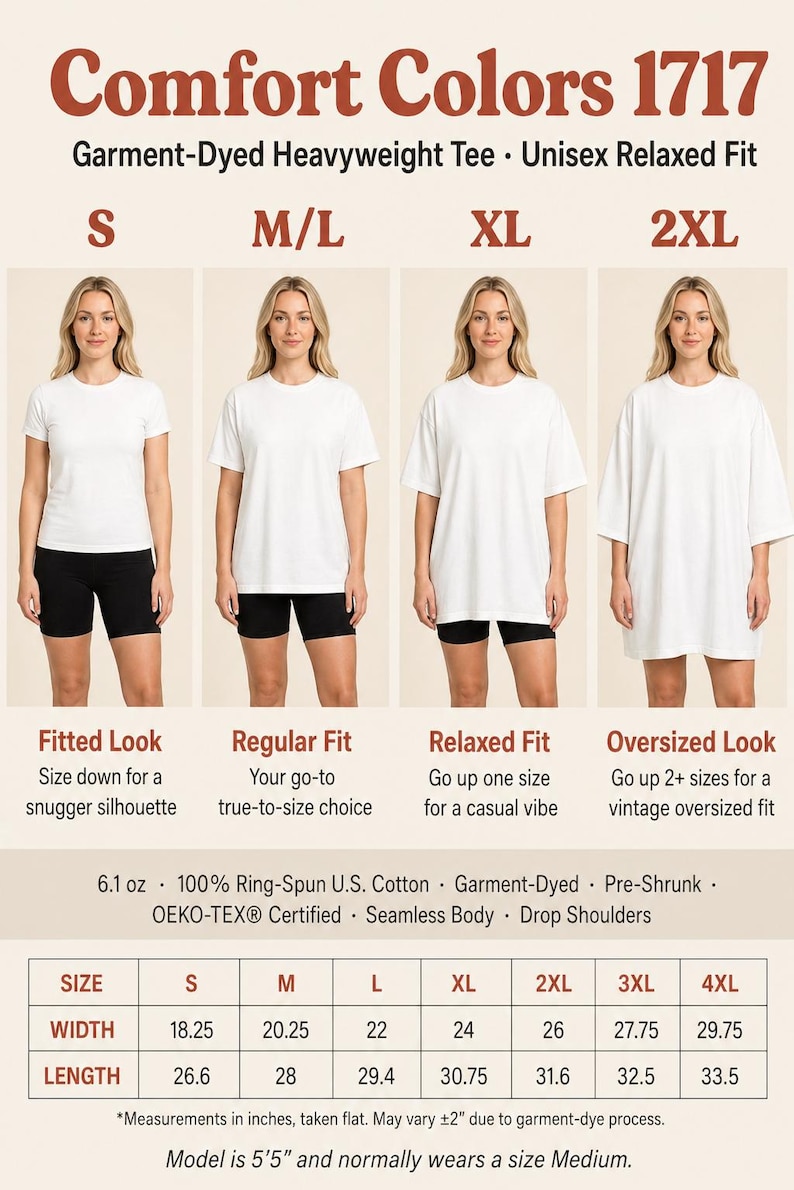 May include: Comfort Colors 1717 garment-dyed heavyweight t-shirt in white. The graphic displays four sizes on a model, showing fitted, regular, relaxed, and oversized looks. Includes a sizing chart with width and length measurements in inches.