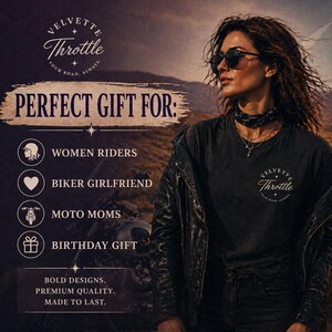 May include: A black t-shirt featuring the white circular logo Velvette Throttle Your Road Always on the chest. The image includes text listing gift recipients and the phrases Perfect Gift For, Bold Designs, Premium Quality, Made To Last.