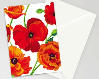 Poppy Notecard, Artist Illustrated Red California Poppies, red flower stationery, Envelope Included