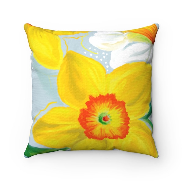 Hand-Drawn Daffodil Pillow: Bright Yellow Floral Throw Cushion