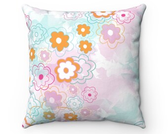 Almohada de patrón floral Daisy, almohada de flores retro, flores vintage de los años 70, almohada floral, almohada decorativa de flores rosas y naranjas