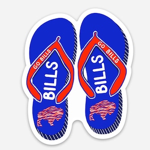 May include: Pair of blue flip-flops with red straps. The flip-flops have the word "BILLS" in white and the text "GO BILLS" in red. A red and brown buffalo logo is on the bottom of each flip-flop.