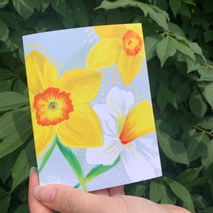 Hand-drawn bright floral Daffodil notecards, blank inside, envelope included
