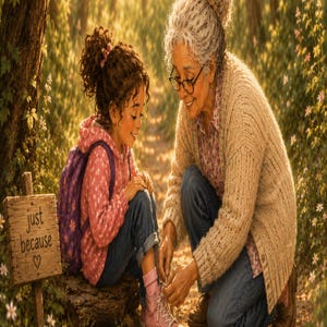 May include: An older person with gray hair and glasses wearing a beige cardigan and blue jeans kneels to tie the shoelaces of a child in a pink hoodie and blue jeans with a purple backpack. A wooden sign nearby reads just because.