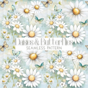 Padrão sem costura de margaridas, papel digital floral, fundo vintage de margaridas, padrão cottagecore, design de borboleta e margarida, primavera/verão