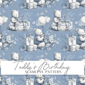 Puede incluir: Un patrón continuo con una ilustración repetida de osos de peluche con cajas de regalo y globos sobre un fondo azul polvoriento. El diseño incluye elementos florales y el texto Teddy's Birthday SEAMLESS PATTERN en letra negra.
