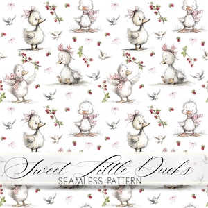 Duckling Seamless Pattern PNG, Vintage Baby Duck Pattern, Strawberry Duck Pattern, Nursery Animal Fabric Design, Cute Farm Digital Paper