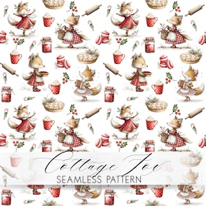 Christmas Fox Seamless Pattern, Holiday Baking Woodland Animals, Cute Winter Digital Paper, Red Cottagecore Pattern, Scrapbook Fabric Design