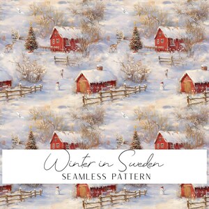 Könnte beinhalten: Ein nahtloses Muster mit einer verschneiten Winterlandschaft, roten Häusern, geschmückten Weihnachtsbäumen, Holzzäunen, Schneemännern und Rehen. Der Text Winter in Sweden SEAMLESS PATTERN ist in Schwarz auf weißem Grund zu sehen.