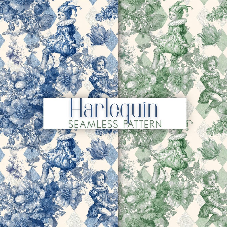 Harlequin Seamless Pattern PNG Bundle | Vintage Jester Toile Digital ...
