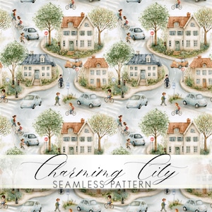 Pode incluir: Um padrão contínuo com ilustrações em aguarela de casas, carros azul-claros, árvores e pessoas a caminhar ou a andar de bicicleta nas ruas. O texto Charming City SEAMLESS PATTERN está sobreposto em preto sobre a imagem.