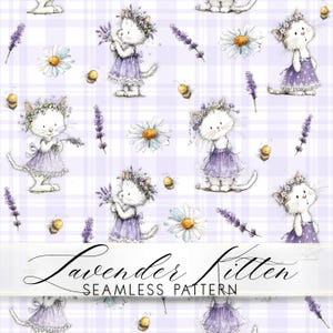 Lavender Kitten Seamless Pattern, Watercolor Daisies, Bees, Cottagecore Digital Paper (JPG/PNG)