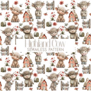 May include: A seamless pattern featuring cartoon Highland cows, red barns, wooden fences, hay bales, and red flowers on a white background. The text Highland Cow Seamless Pattern is centered in the middle of the image in a simple font.
