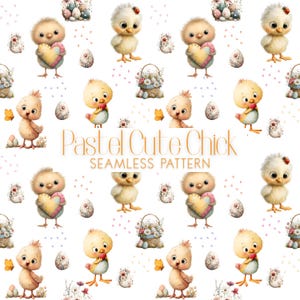 May include: A seamless pattern featuring yellow chicks, decorated Easter eggs, and small flower baskets on a white background. The text Pastel Cute Chick SEAMLESS PATTERN is centred in the middle of the repeating graphic design elements.