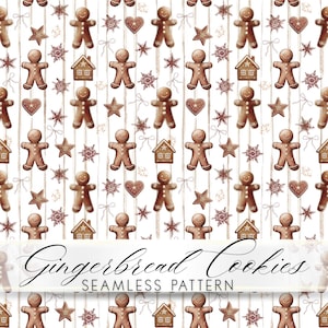 May include: A seamless pattern featuring brown gingerbread men, gingerbread houses, red hearts, stars, and snowflakes on a white background with vertical stripes and small bows. The text Gingerbread Cookies SEAMLESS PATTERN is centered.