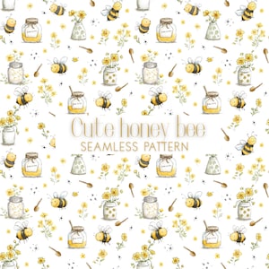 Puede incluir: Un patrón sin costuras con ilustraciones de acuarela de tarros de miel, abejas, flores y cucharas de miel. El texto "Cute honey bee SEAMLESS PATTERN" está presente. El diseño es predominantemente amarillo, blanco y marrón.