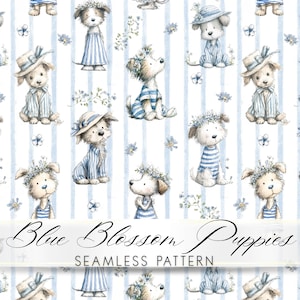 May include: A seamless pattern featuring illustrated puppies wearing blue striped outfits and floral crowns, set against a background of vertical light blue stripes and small blue flowers. The text Blue Blossom Puppies SEAMLESS PATTERN is visible.