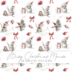 Könnte beinhalten: Ein nahtloses Muster mit Aquarellillustrationen von grauen Mäusen, die rote Weihnachtsmützen tragen. Die Mäuse sind beim Einpacken von Geschenken, beim Schreiben mit Stiften und beim Tragen von Bücherstapeln dargestellt.